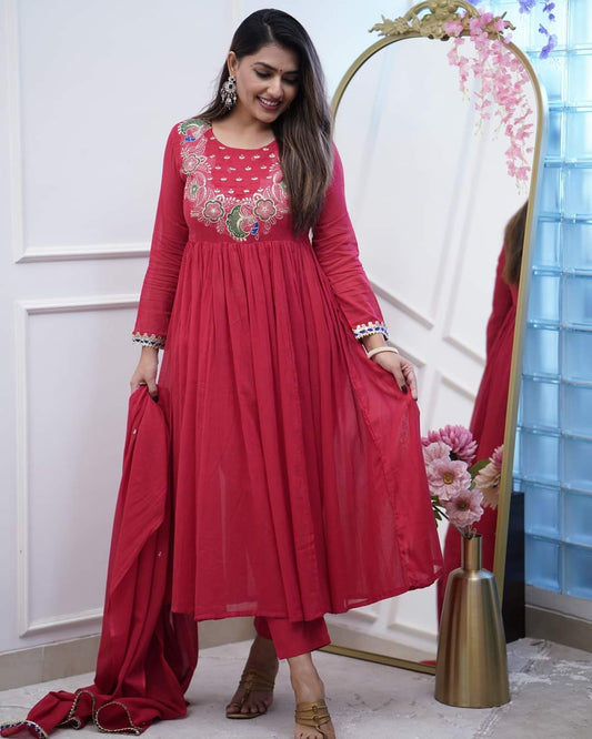 Festival Wear Chinon Red Kurta Set