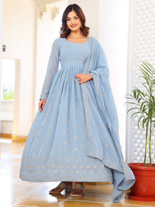 Party Wear Embroidered Sky Blue Gown Set