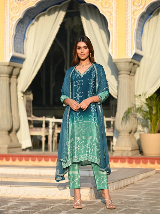Festival Wear Silk Turquoise Kurta Set