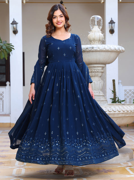 Georgette Party Wear Blue Anarkali Suit