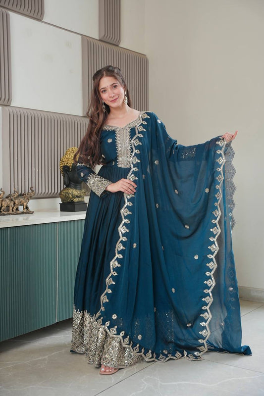 Elegant Turquoise Gown with Matching Dupatta – Women’s Ethnic Wear