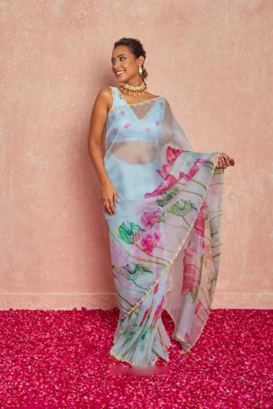 Ready To Wear Organza Silk Sky Blue Saree