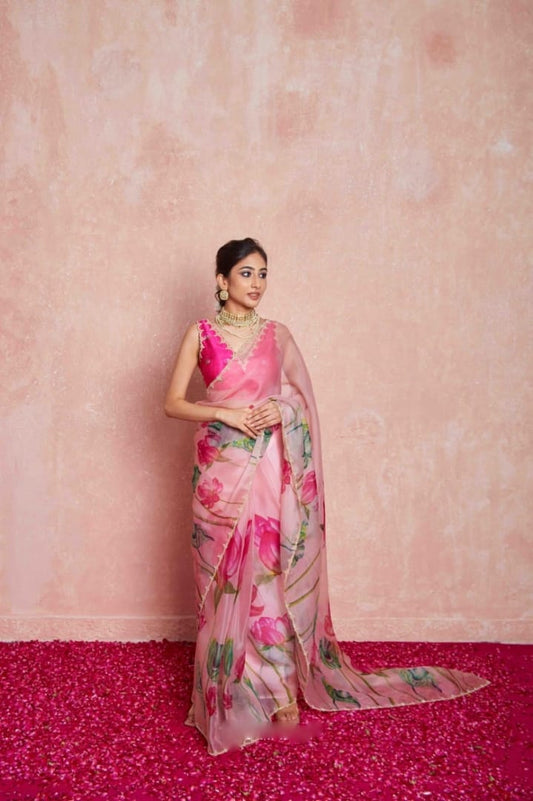 Ready To Wear Organza Silk Pink Saree