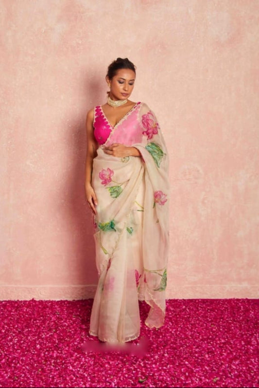 Organza Silk Ready To Wear Cream Saree