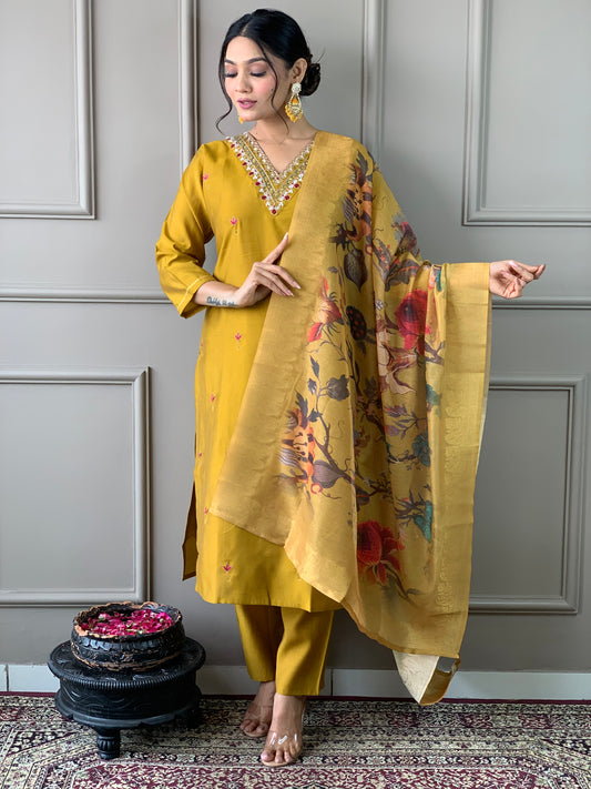 Festival Wear Silk Yellow Kurta Set