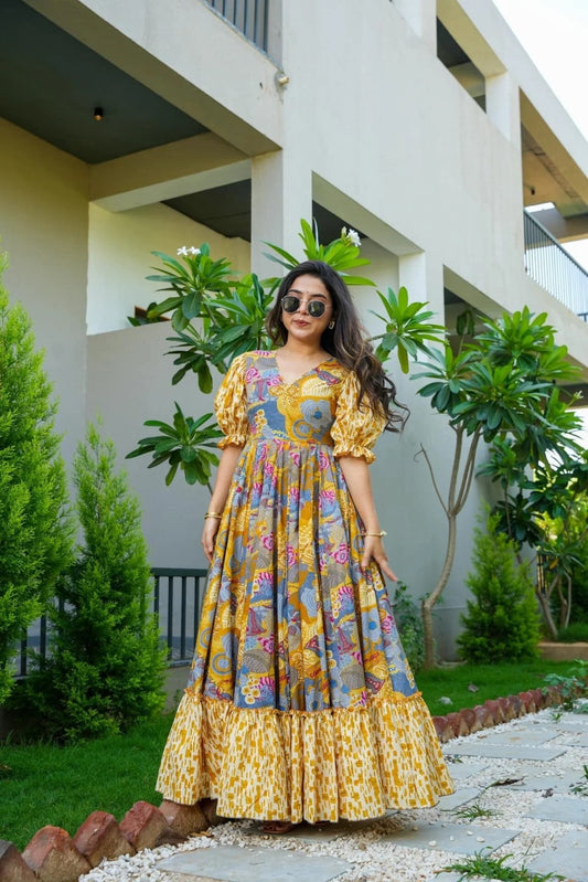 "Floral Fusion- yellow Dress With Puff Sleeve"