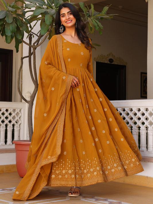 Party Wear Embroidered Yellow Gown Set