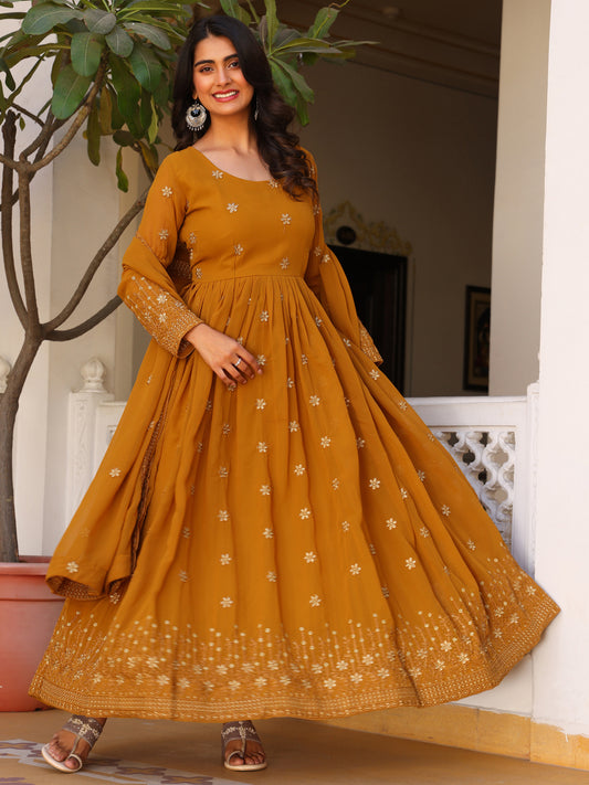 Party Wear Embroidered Yellow Gown Set