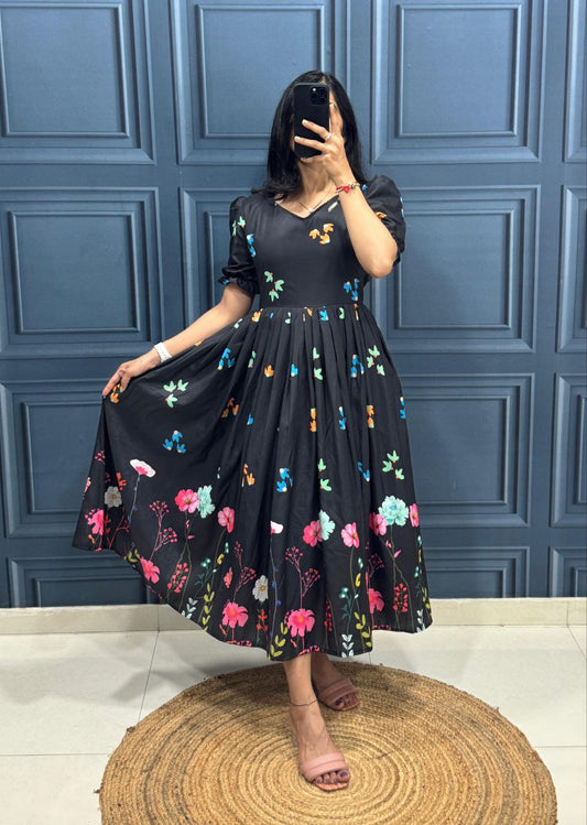 Black Puff Sleeve Dress with Colorful Floral Print β Stylish Midi Outfit