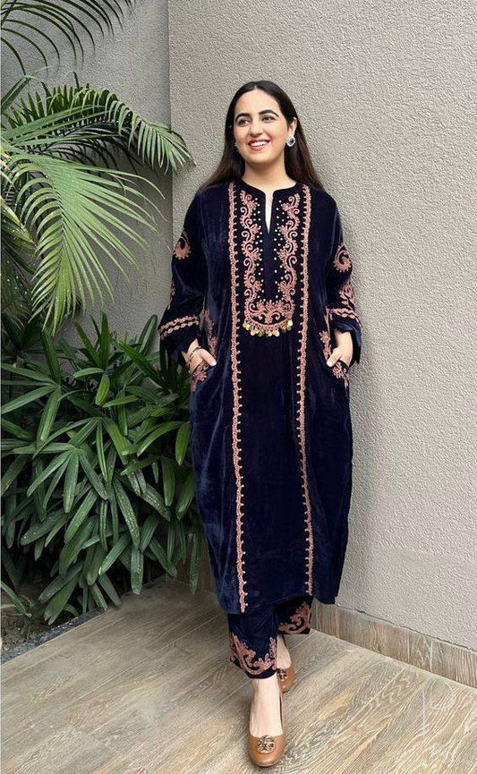 Festival Wear Velvet Blue Kurta Set