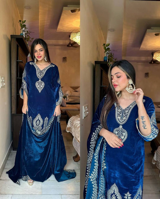 Festival Wear Velvet Blue Kurta Set