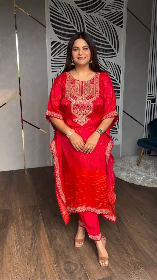 Festival Wear Chinon Red Kurta Set