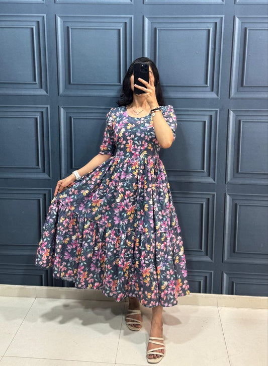 Navy Blue Floral Midi Dress