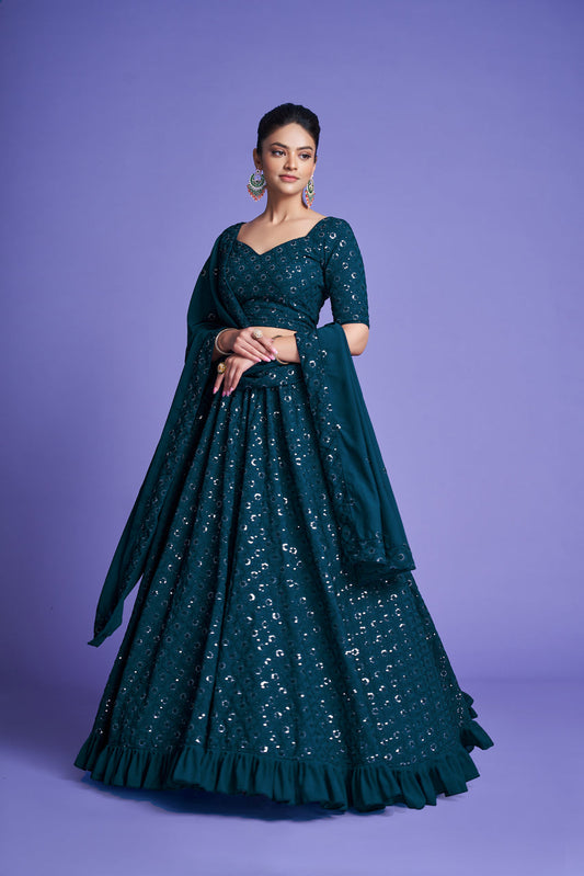 Georgette Engagement Wear Turquoise Lehenga