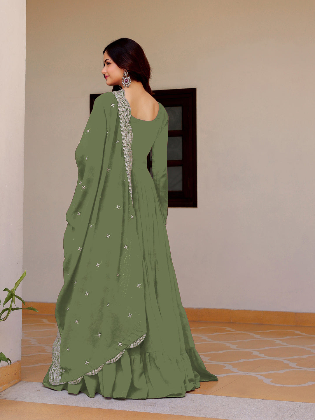 Women's Olive Green Tiered Georgette Anarkali with Scalloped Embroidery & Embellished Dupatta