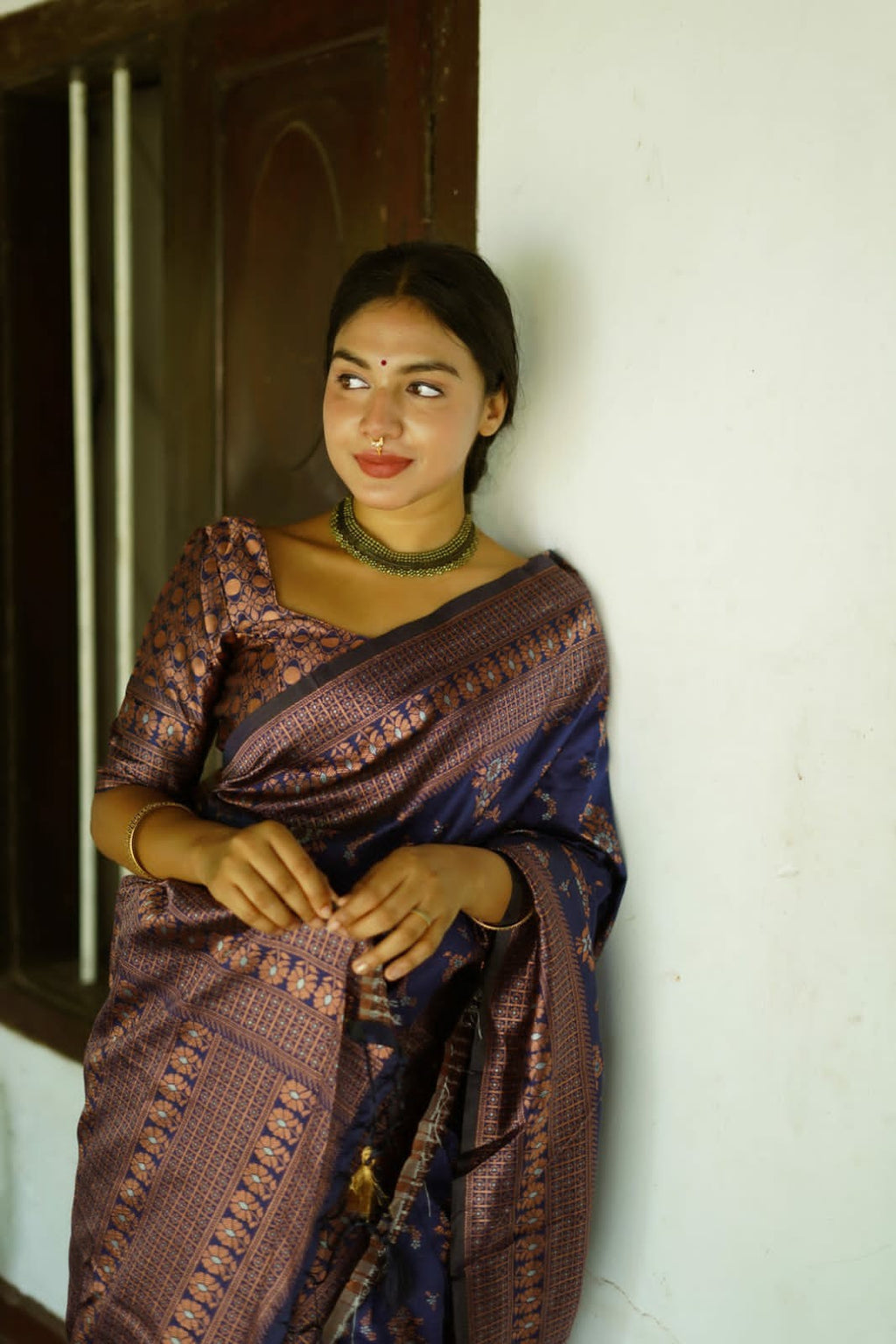 Navy Blue Silk Saree with Copper Floral Motifs