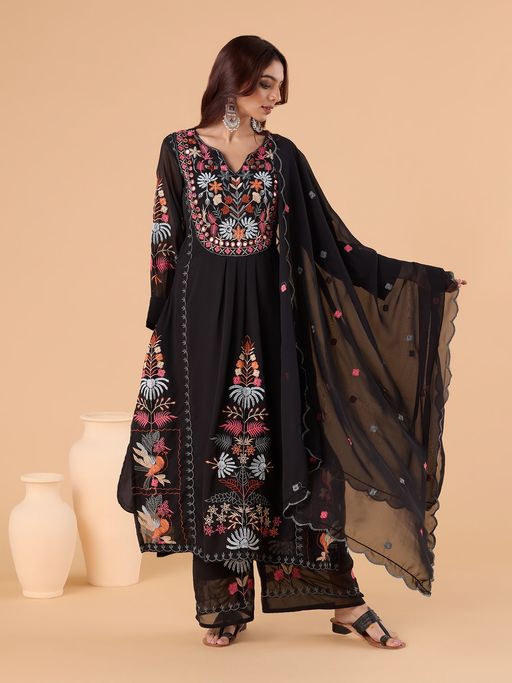 Black Embroidered Kurta Set with Dupatta | Designer Festive & Party Wear Suit
