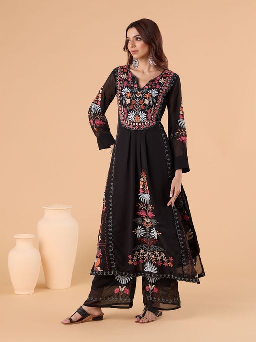 Black Embroidered Kurta Set with Dupatta | Designer Festive & Party Wear Suit