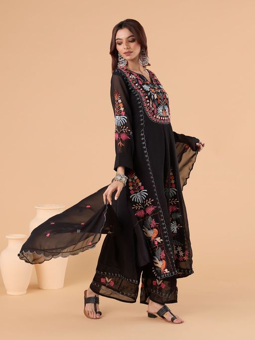 Black Embroidered Kurta Set with Dupatta | Designer Festive & Party Wear Suit