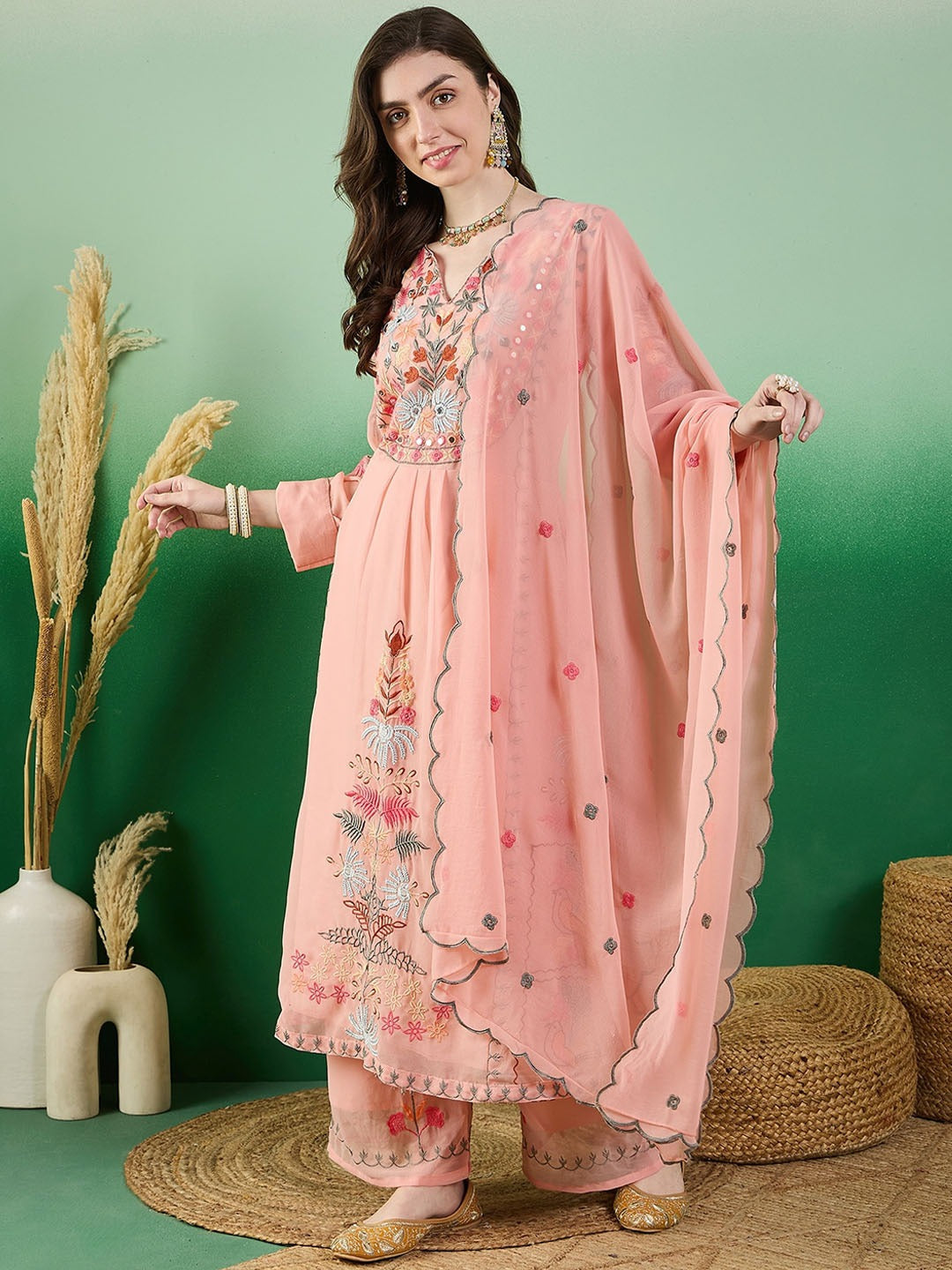 Peach Embroidered Kurta Set with Dupatta | Soft Festive & Ethnic Wear Suit