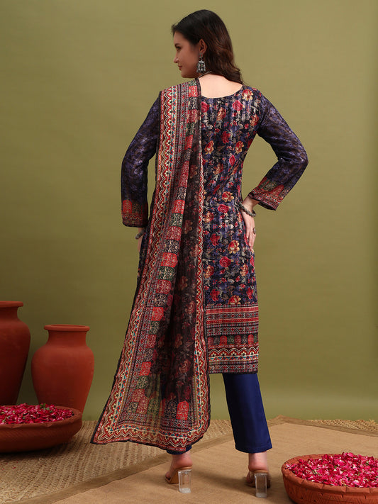 Women’s Blue Printed Straight Kurta Set with Dupatta & Pants