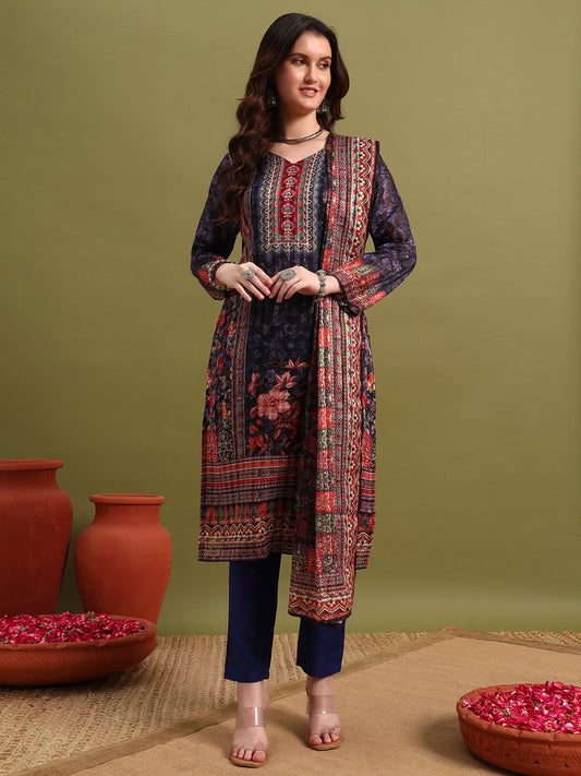 Women’s Blue Printed Straight Kurta Set with Dupatta & Pants
