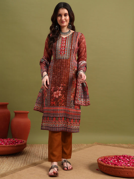 Elegant Brown Printed Kurta Set with Dupatta