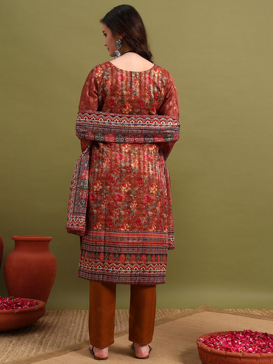Elegant Brown Printed Kurta Set with Dupatta