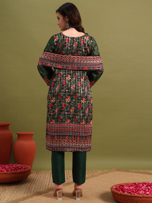 Women’s Green Printed Straight Kurta Set with Dupatta & Pants