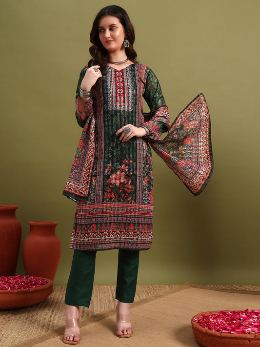 Women’s Green Printed Straight Kurta Set with Dupatta & Pants