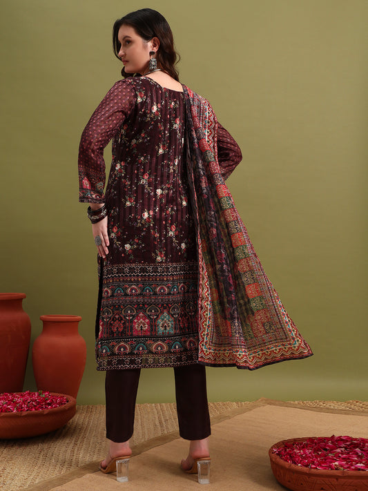 Women’s Maroon Printed Straight Kurta Set with Dupatta & Pants