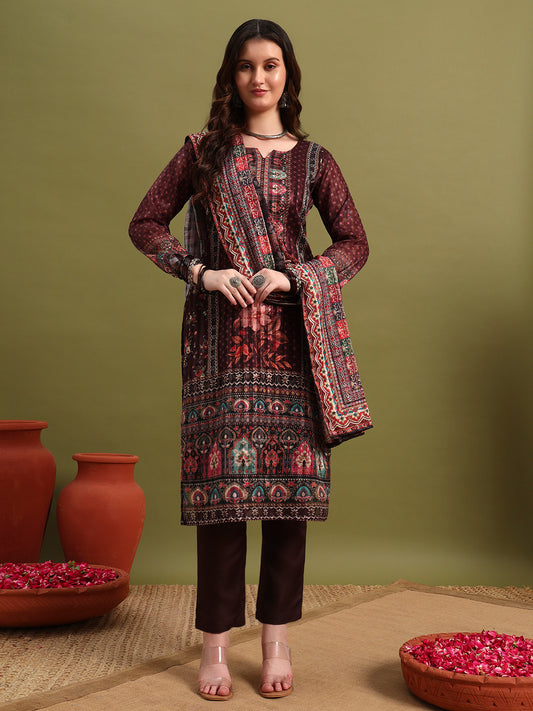 Women’s Maroon Printed Straight Kurta Set with Dupatta & Pants