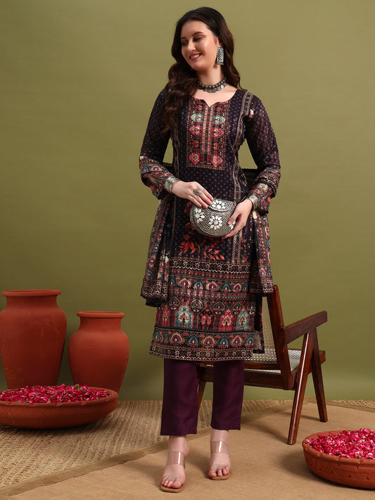 Women’s Purple Printed Straight Kurta Set with Dupatta & Pants