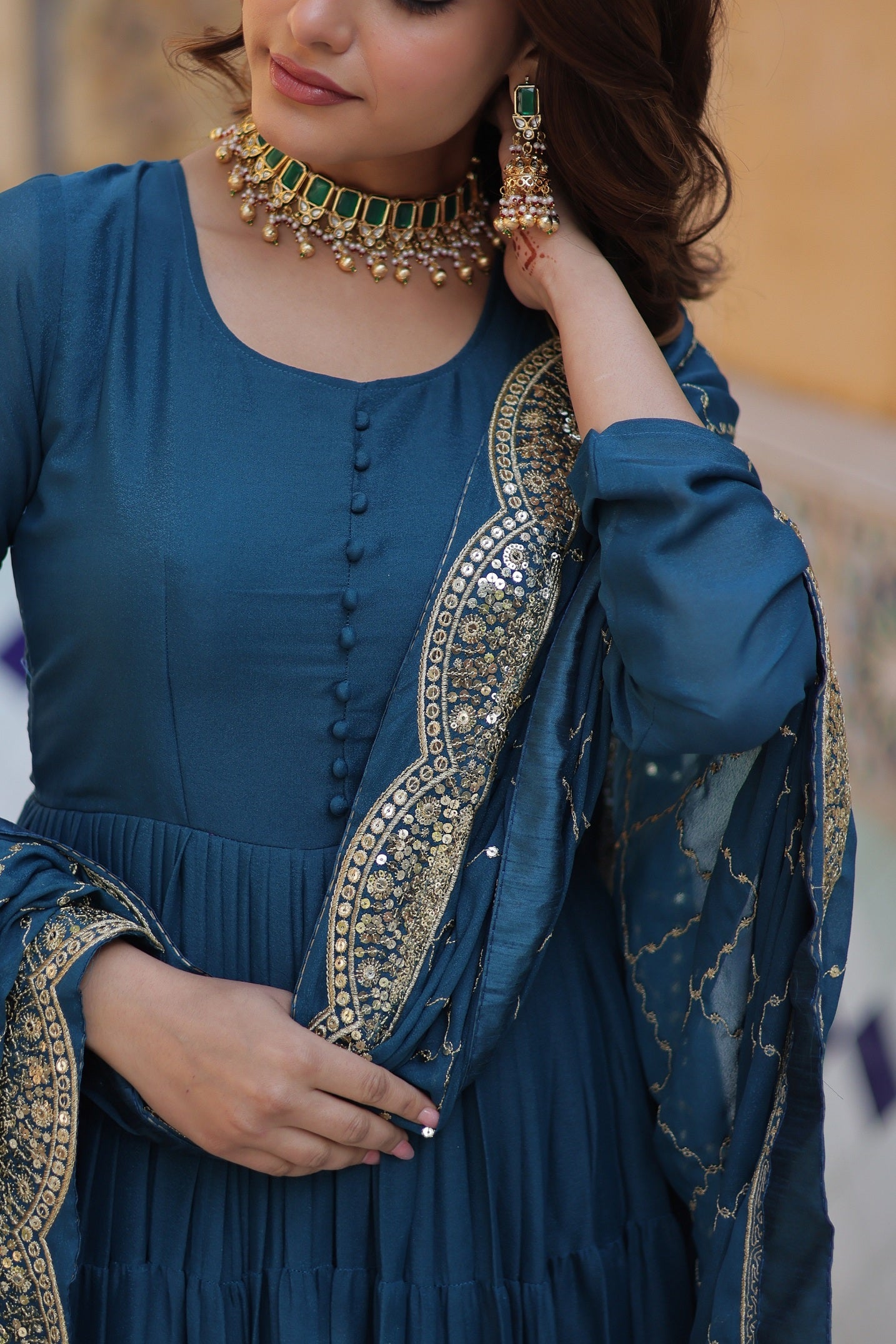 Teal Blue Anarkali Kurta Set with Embellished Dupatta for Women
