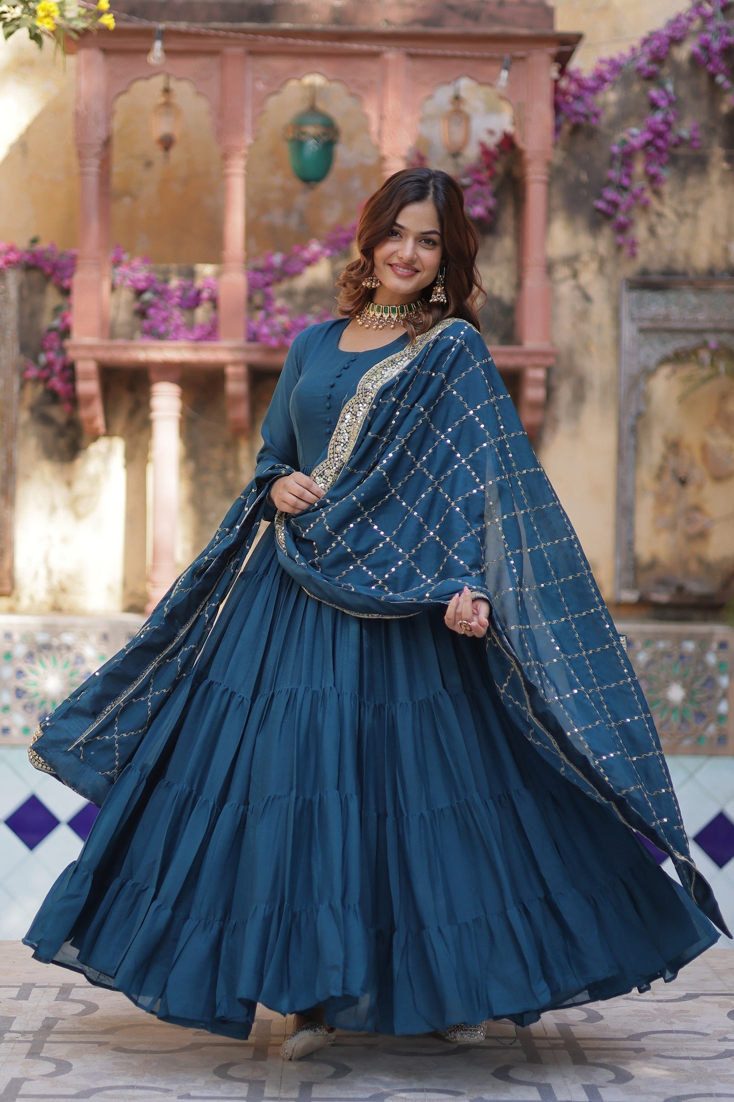 Teal Blue Anarkali Kurta Set with Embellished Dupatta for Women