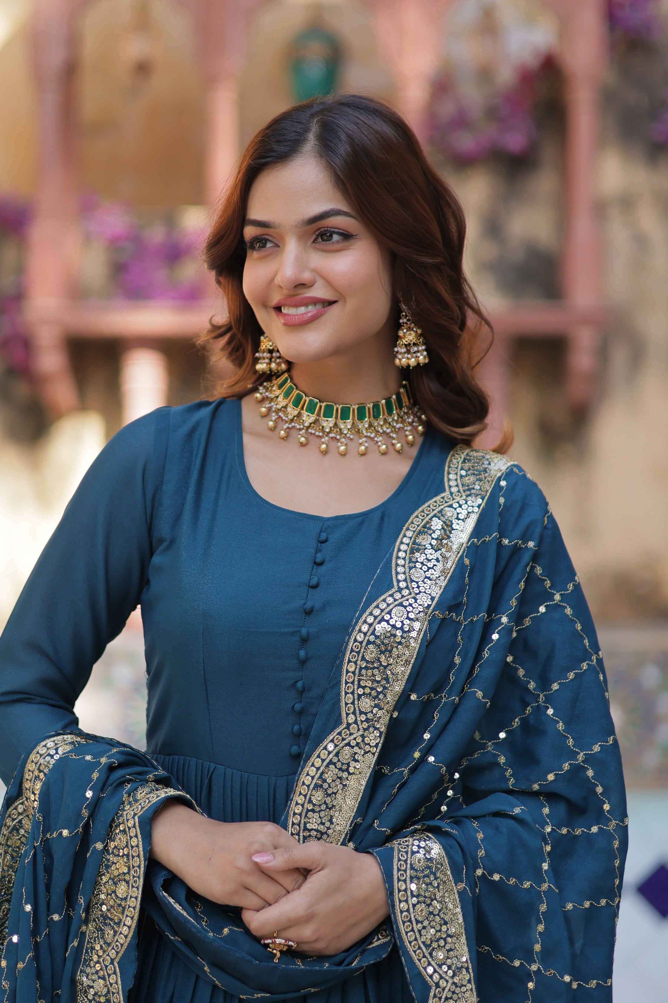 Teal Blue Anarkali Kurta Set with Embellished Dupatta for Women