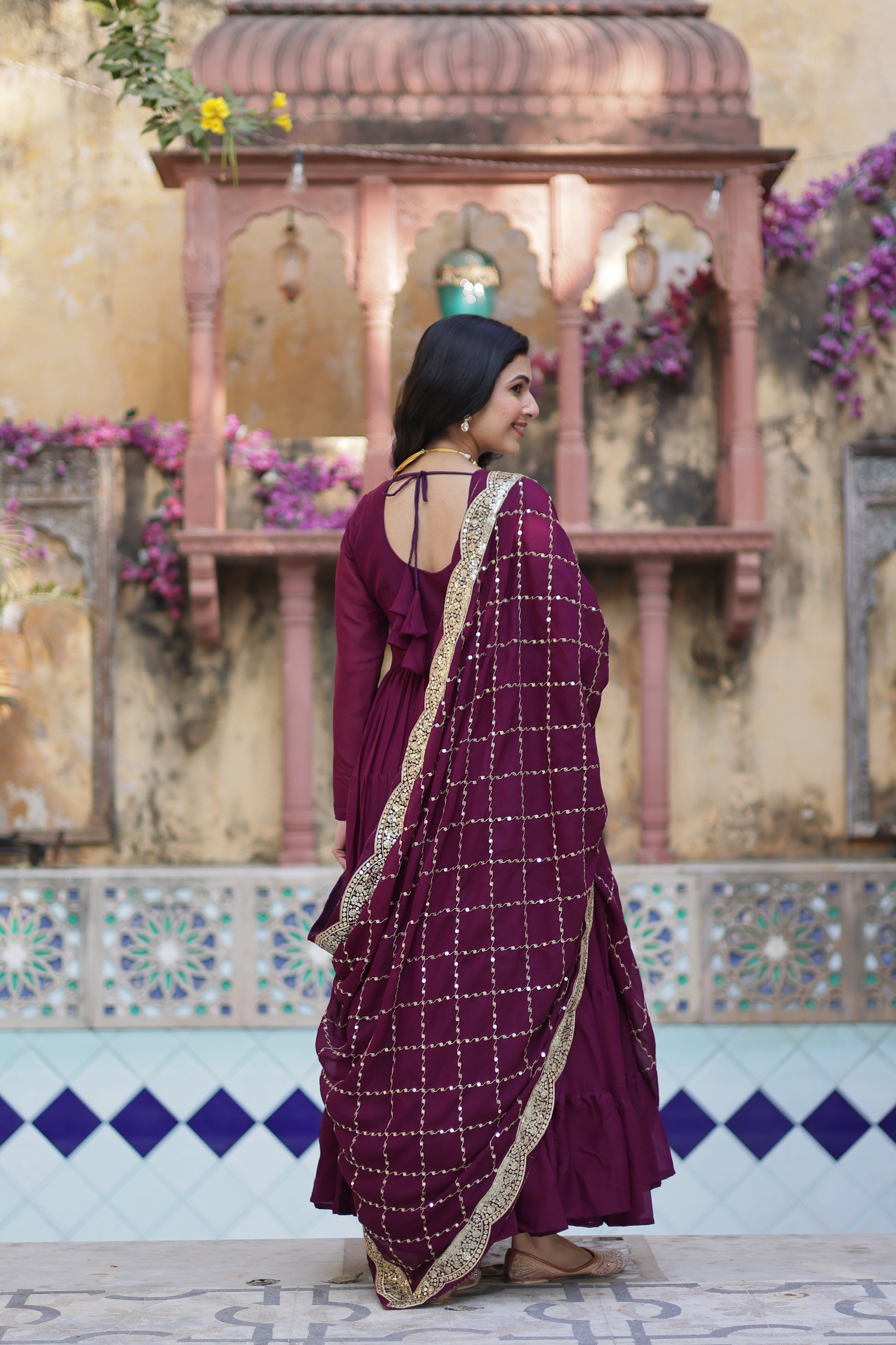 Wine Anarkali Kurta Set with Dupatta for Women