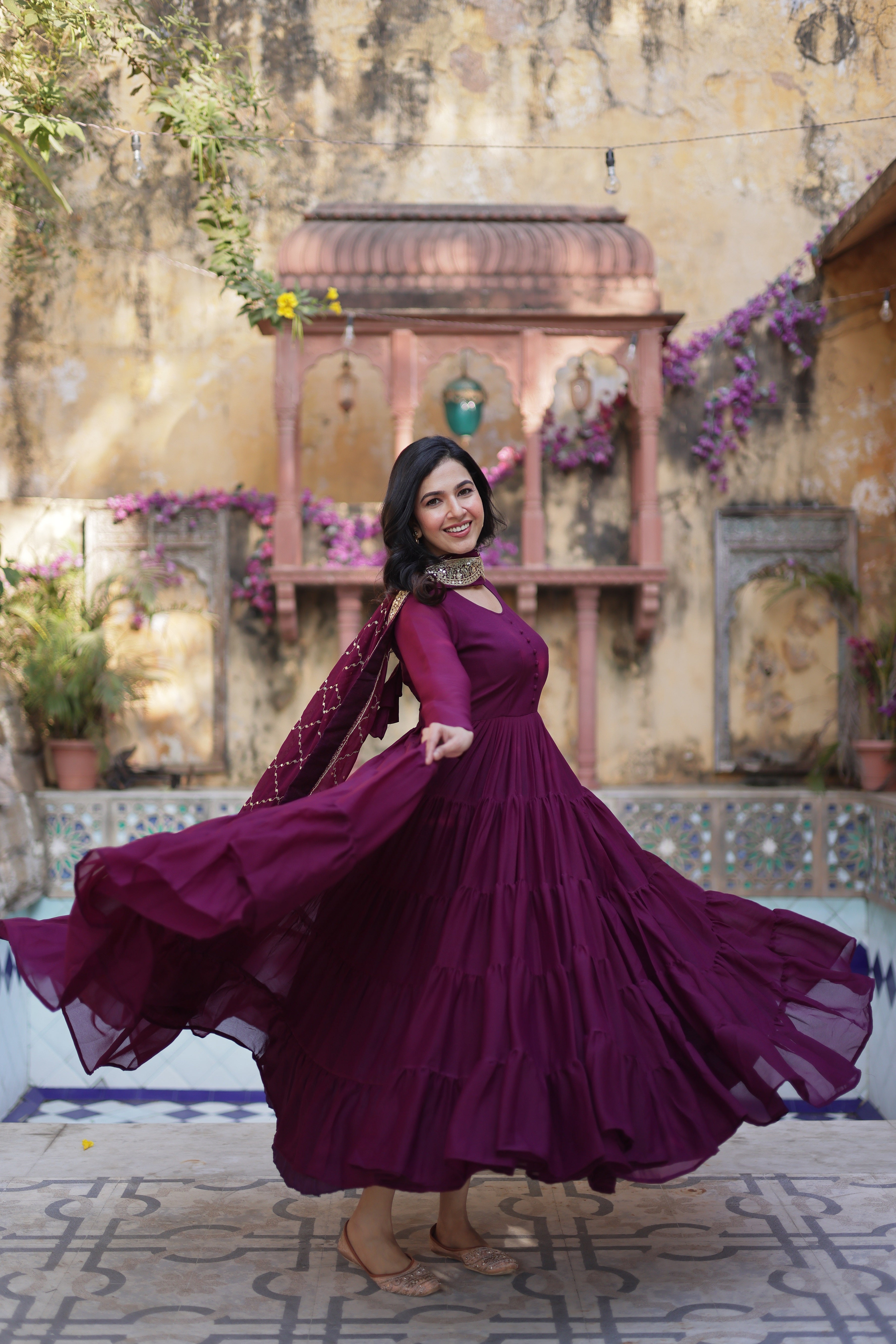 Wine Anarkali Kurta Set with Dupatta for Women