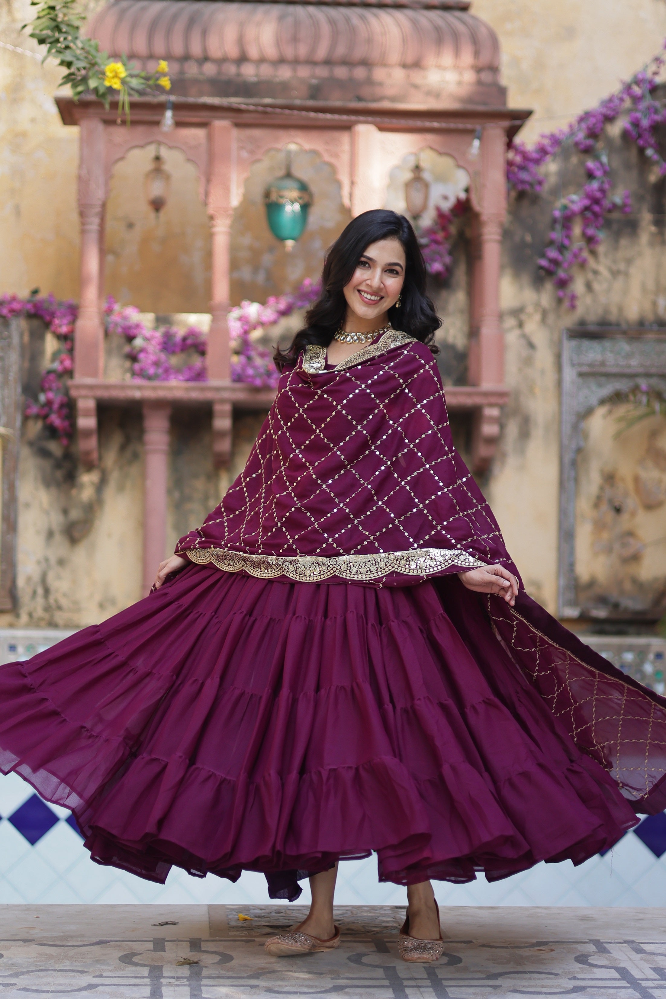 Wine Anarkali Kurta Set with Dupatta for Women