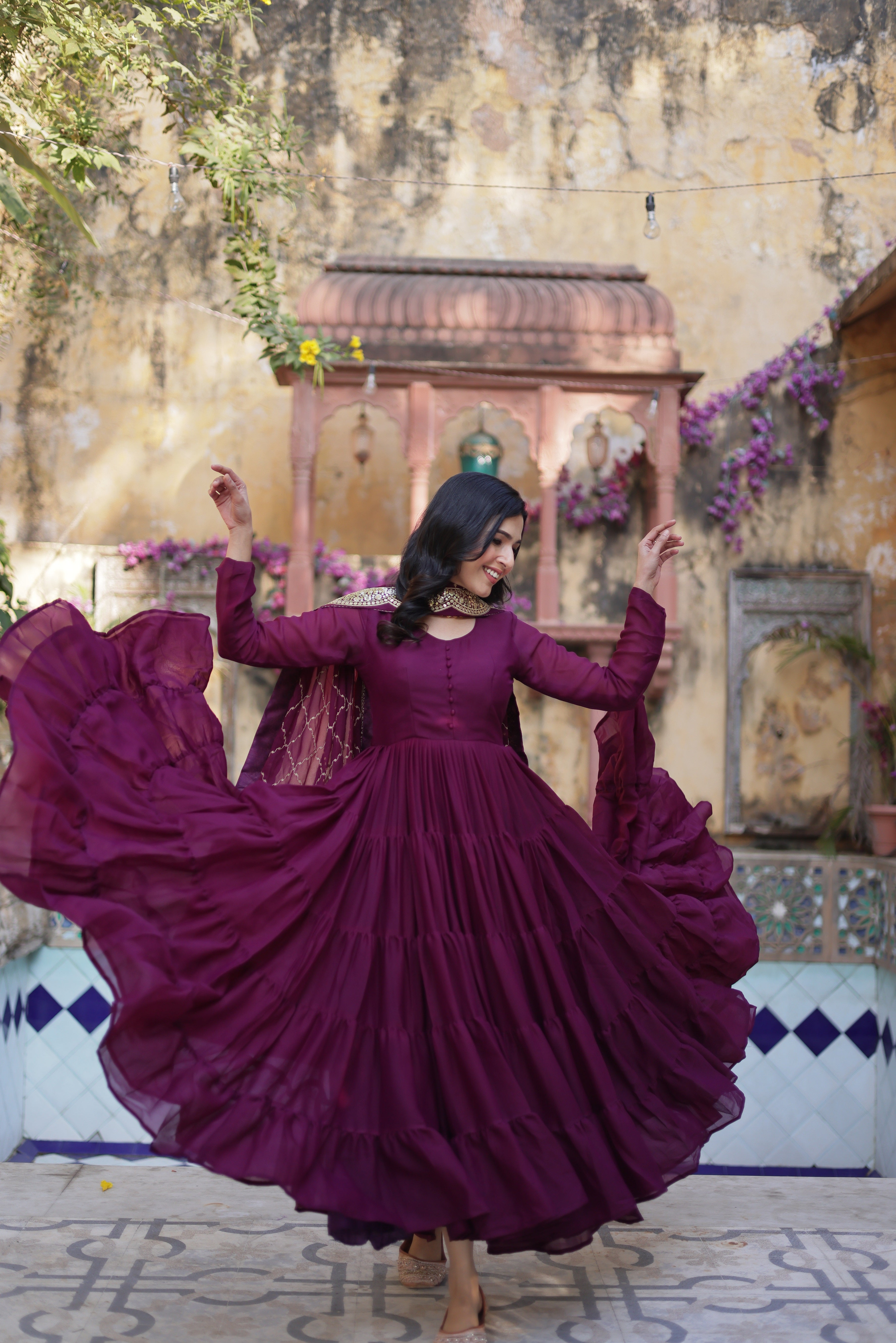 Wine Anarkali Kurta Set with Dupatta for Women