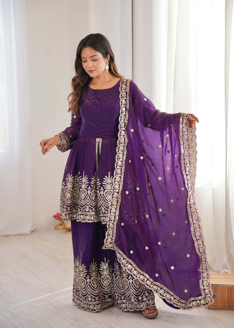 Heavily Embellished Tissue Silk Short Kurta Sharara Set with Organza Dupatta