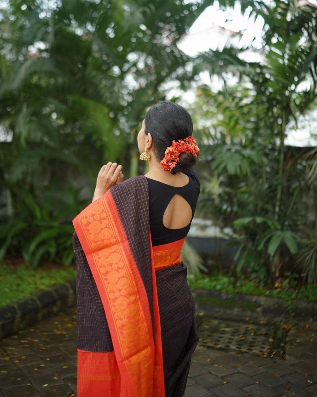 Black Cotton Saree with Orange Border | Handloom Casual & Festive Wear Saree