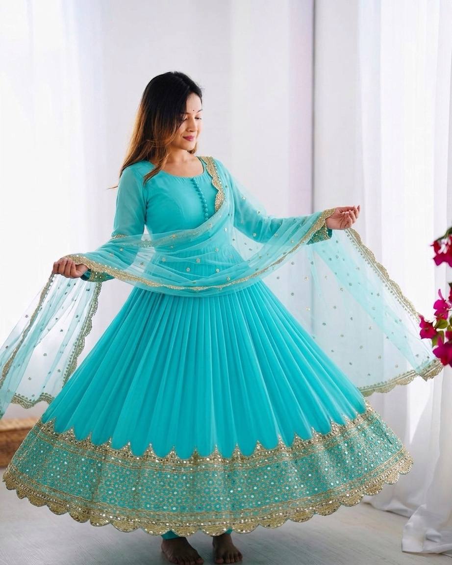 Georgette Anarkali Suit Set with Heavy Scallop Embroidered Border & Dupatta