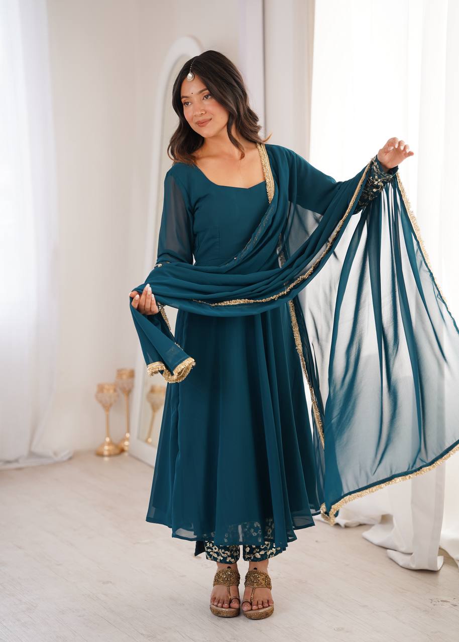 Teal Blue Georgette Anarkali Suit Set with Embroidered Sleeves & Lace Dupatta