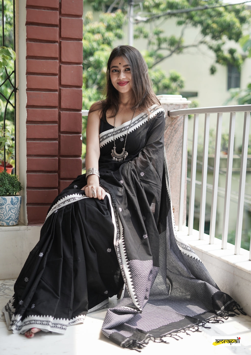 Black Cotton Saree with White Border