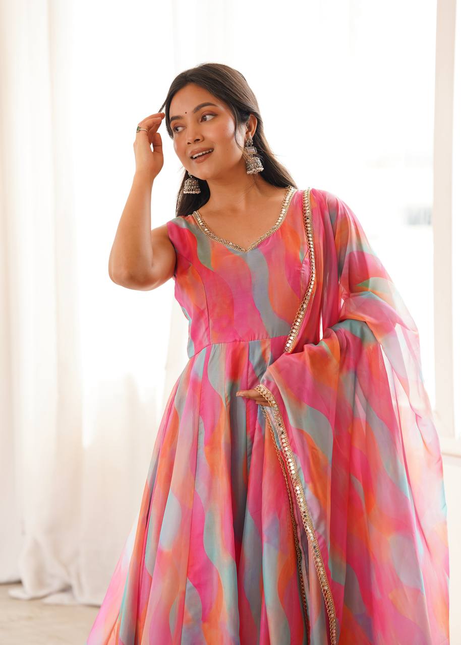 Multi-Color Abstract Printed Anarkali Suit Set with Dupatta