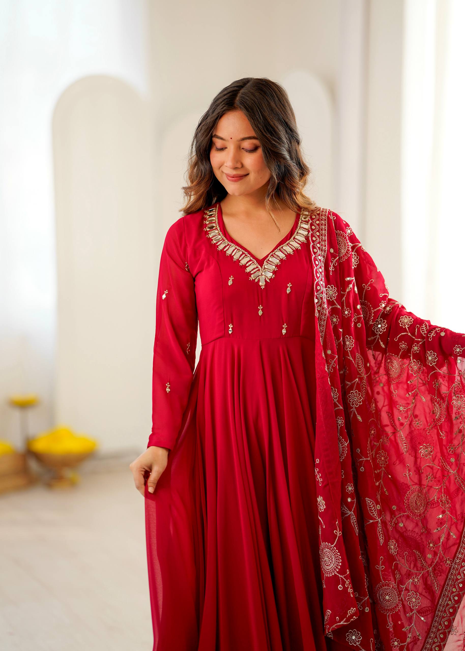 Crimson Red Georgette Anarkali Suit Set with Mirror Neckline & Embroidered Dupatta