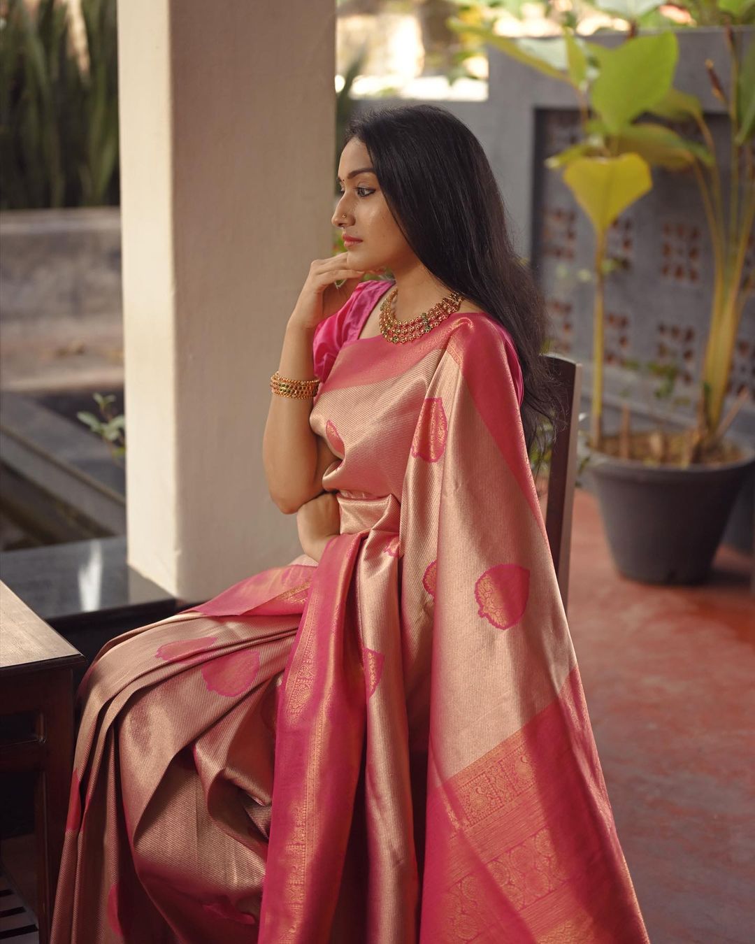 Elegant Pink & Gold Silk Saree with Traditional Motifs