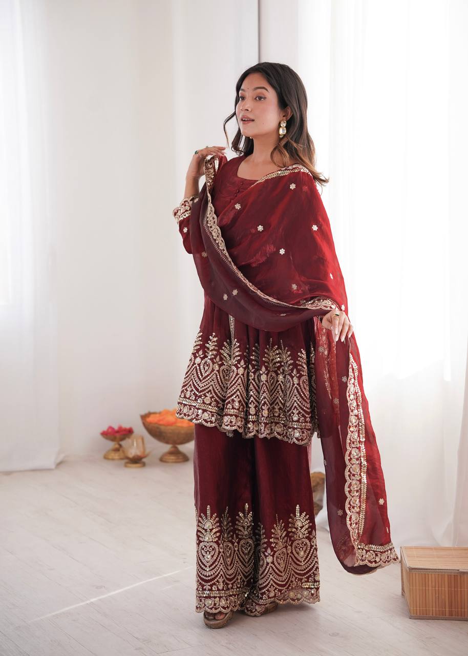 Heavily Embellished Tissue Silk Short Kurta Sharara Set with Organza Dupatta