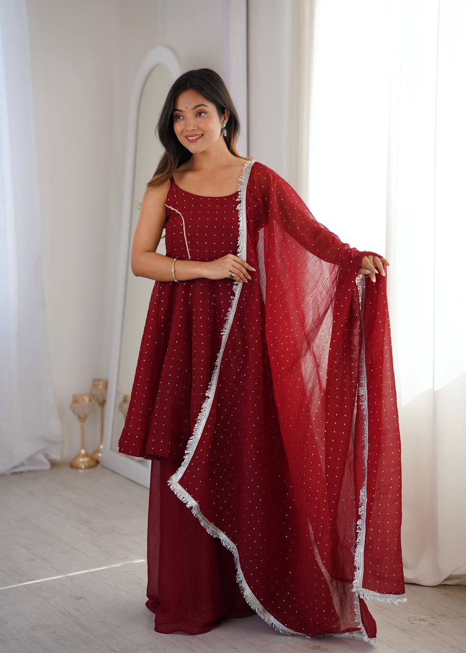 Chic Strappy Short Peplum Kurti with Sharara & Silver Lace Dupatta Set for Women